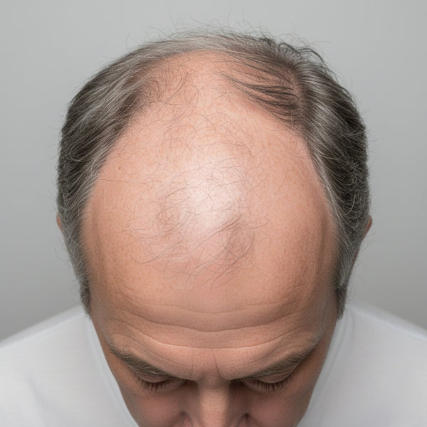Bovenaanzicht van een man met vergevorderde haarverdunning en kale plekken op de kruin en het voorste deel van de hoofdhuid, kenmerkend voor alopecia androgenetica.