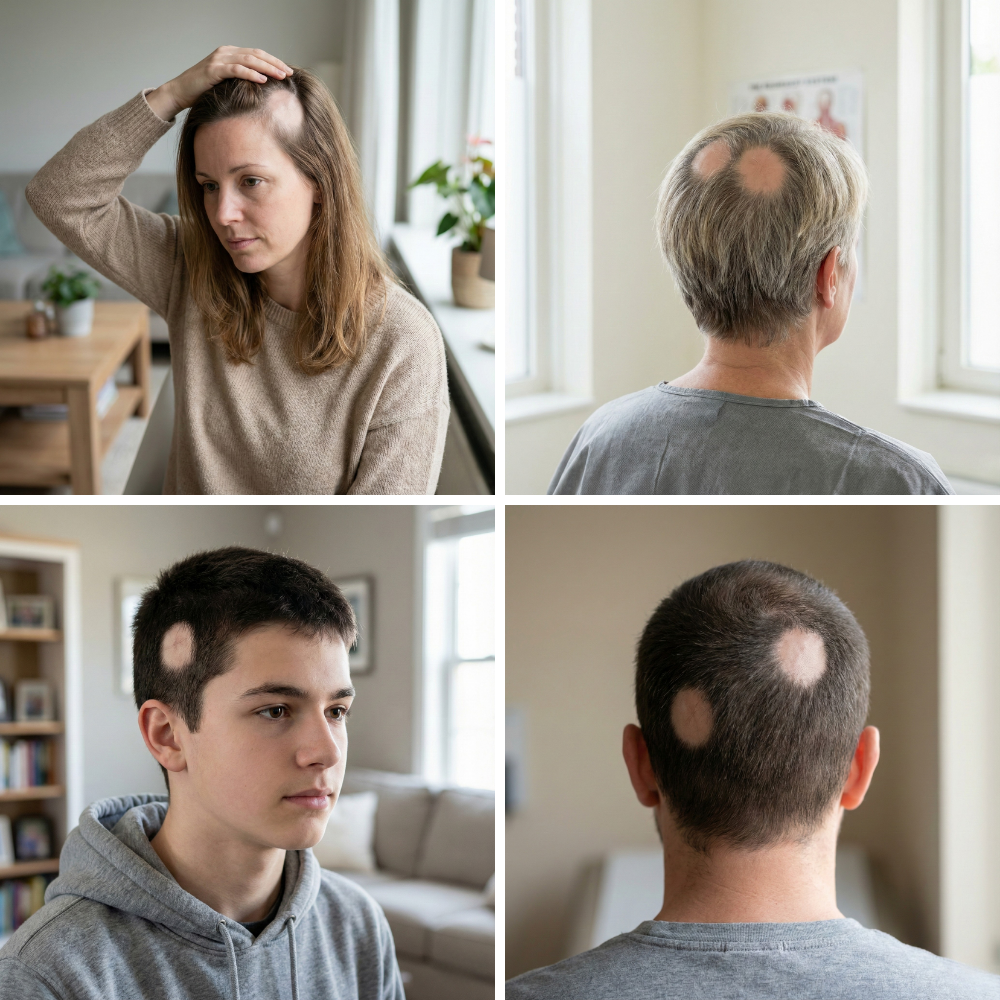 Voorbeelden van alopecia areata bij vrouwen, mannen en jongeren, met ronde, scherp begrensde kale plekken op de hoofdhuid, passend bij immuungemedieerde haaruitval met gelokaliseerde haarverliespatronen.