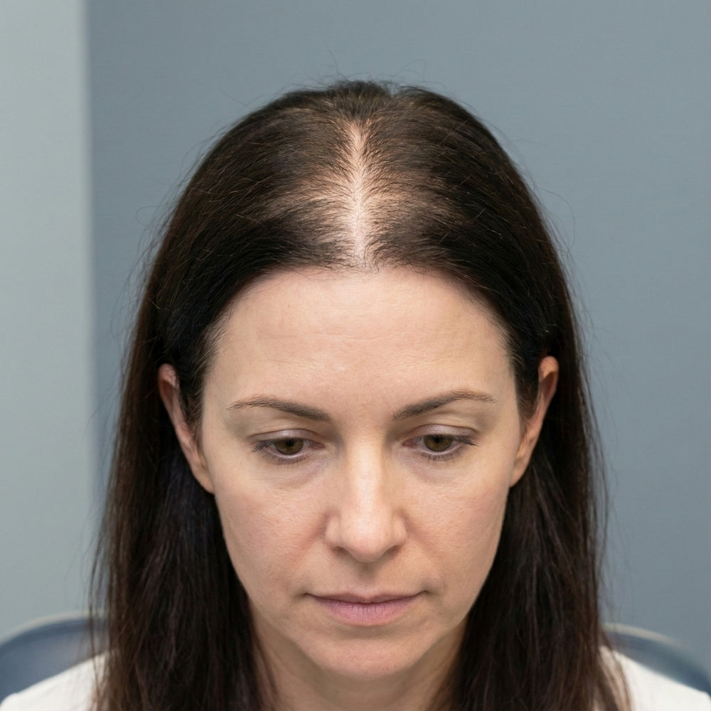 Vrouw met zichtbare haarverdunning langs de middenscheiding, met een diffuus patroon van verminderde haardichtheid op de hoofdhuid.