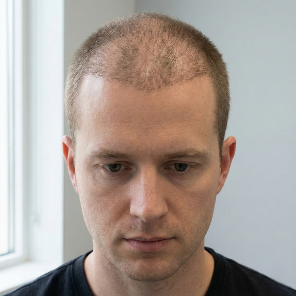 Man met duidelijke haarverdunning op de kruin en bovenop het hoofd, kenmerkend voor alopecia androgenetica bij mannen.