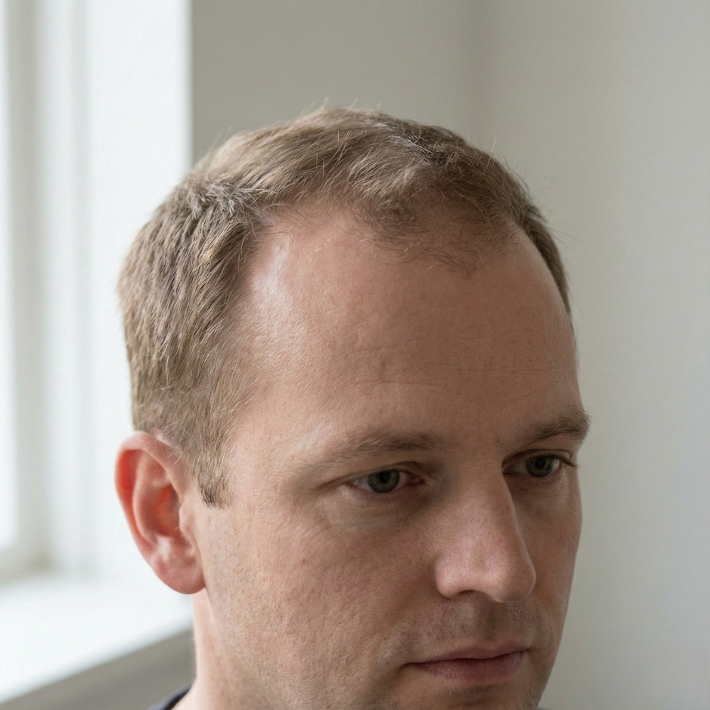 Man met een terugwijkende haarlijn en zichtbare haarverdunning ter hoogte van de slapen.