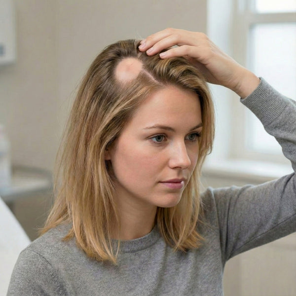 Zijaanzicht van een vrouw die haar haar opzij houdt, met een duidelijk afgebakende kale plek op de hoofdhuid, passend bij pleksgewijze haaruitval (alopecia areata).