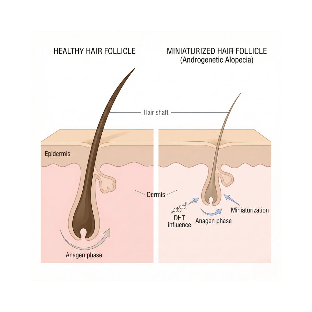 Medische illustratie van haarfollikel miniaturisatie onder invloed van DHT bij alopecia androgenetica.