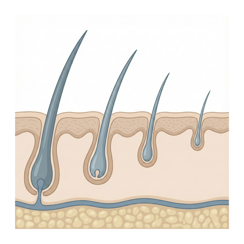 Illustratie van haarfollikel-miniaturisatie bij alopecia androgenetica.