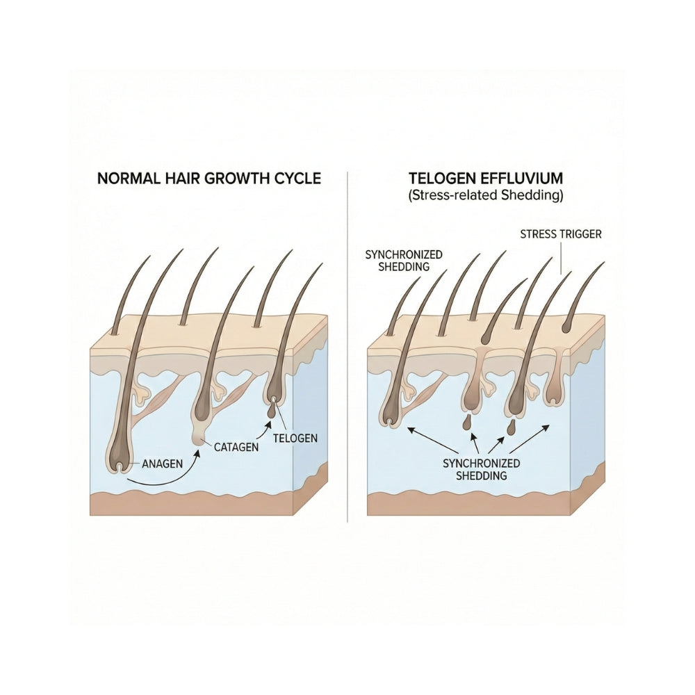 Diagram showing telogen effluvium with increased number of hair follicles in the resting phase after stress, leading to diffuse shedding.